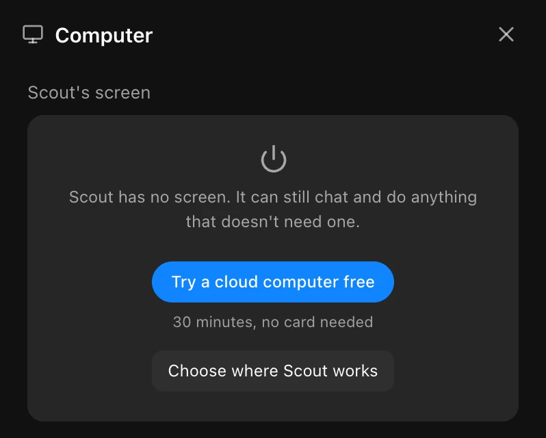 A dog's Computer panel offering Try a cloud computer free, 30 minutes, no card needed.