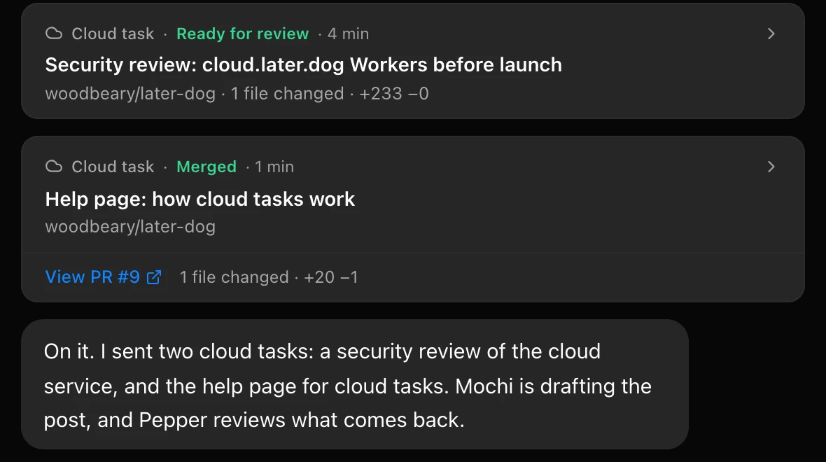 Two cloud task cards in a chat: a security review ready for review, and a help page whose pull request was merged.